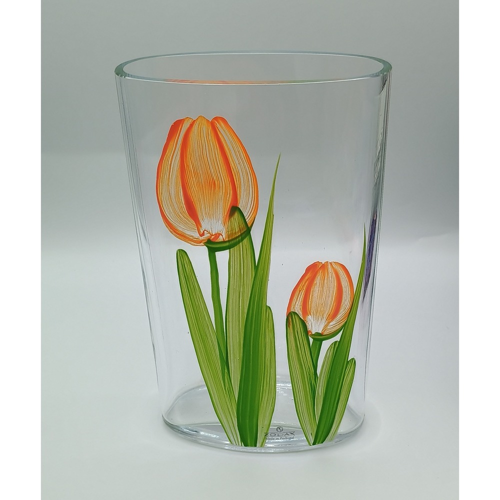 7.5 x 4.5" ZODAX Made in Portugal Hand Painted Cut Glass Tulip Flower Vase